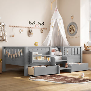 English Elm Twin Kids Storage Bed with Bookshelf Headboard Safety Staircase and Under Drawers Gray W1580P379185