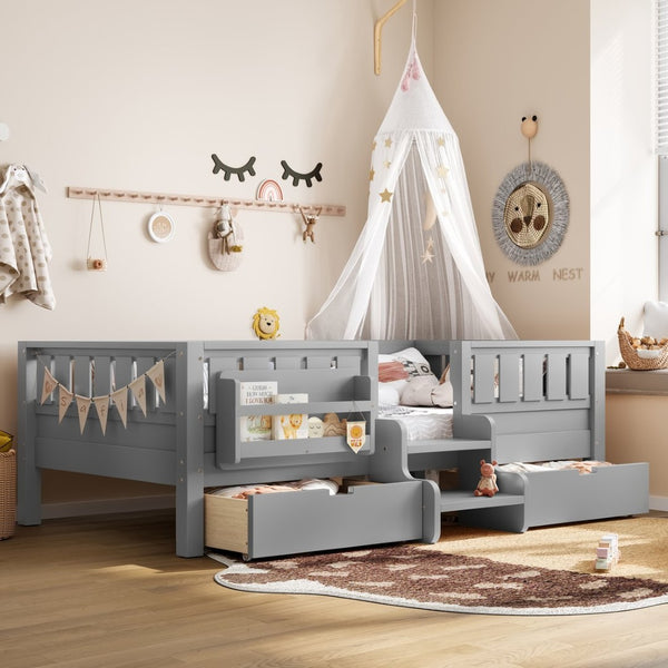 English Elm Twin Kids Storage Bed with Bookshelf Headboard Safety Staircase and Under Drawers Gray W1580P379185