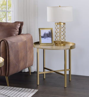 English Elm Modern Round Coffee Table with Cross-Bar Metal Base and Chic Metallic Finish for Elegant Living Spaces Gold,Oak 26 L x 26 W x 7 H B2741P337026