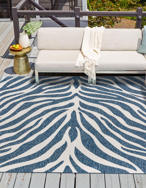Unique Loom Outdoor Safari Tsavo Machine Made Animal Print Rug Blue, Ivory 10' 0" x 10' 0"