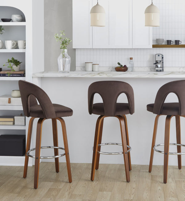English Elm Fixed-height Swivel Barstools Velvet Seat Walnut Legs Chrome Footrest Set 2 B202S01888