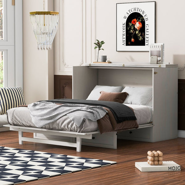 English Elm Queen Murphy Wall Bed with Usb Ports Storage Drawers and Cabinet Style Panel Front White N708S00006AAK