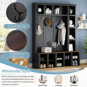 English Elm Farmhouse Hall Tree Walnut Bench Two-tone Entryway Organizer with Six Hooks Shoe Storage N721S000044B-1