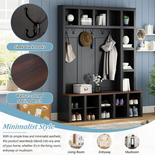 English Elm Farmhouse Hall Tree Walnut Bench Two-tone Entryway Organizer with Six Hooks Shoe Storage N721S000044B-1