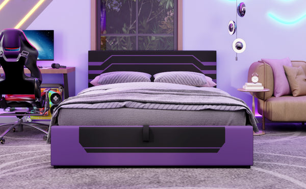 English Elm Modern Cyberpunk Queen Platform Bed Hydraulic Storage Pu Upholstered Gaming Frame Purple+Black SF000205AAI