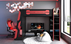 English Elm Twin Gaming Loft Bed with Desk Rgb Lighting and Multi-tier Shelves for Teen Rooms Red LT000160AAR