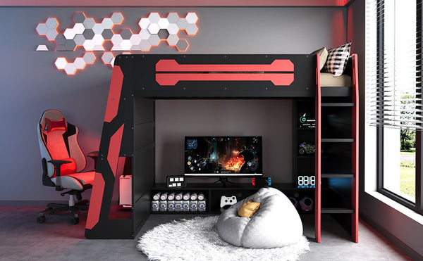 English Elm Twin Gaming Loft Bed with Desk Rgb Lighting and Multi-tier Shelves for Teen Rooms Red LT000160AAR