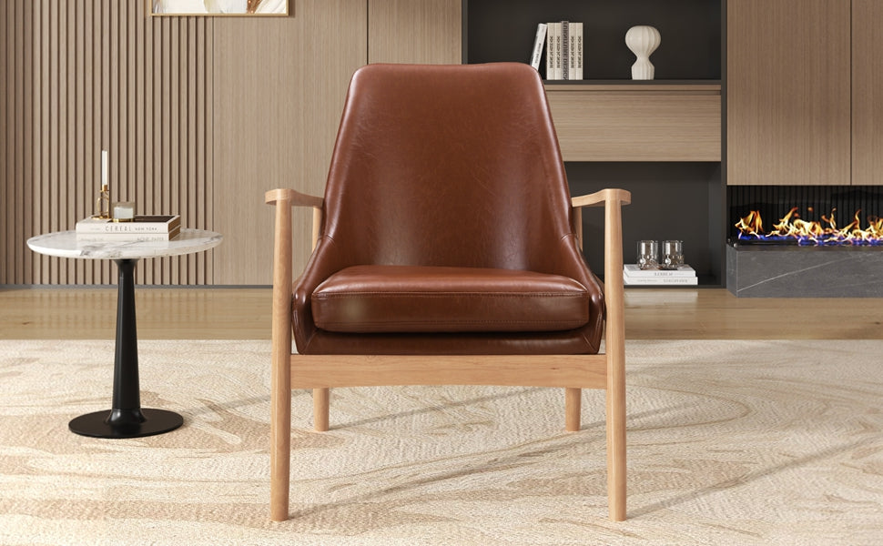 English Elm U-Can Mid-Century PU Leather Accent Chair with Solid Wood Frame, High Back Comfort & Durable Style N724P256555D