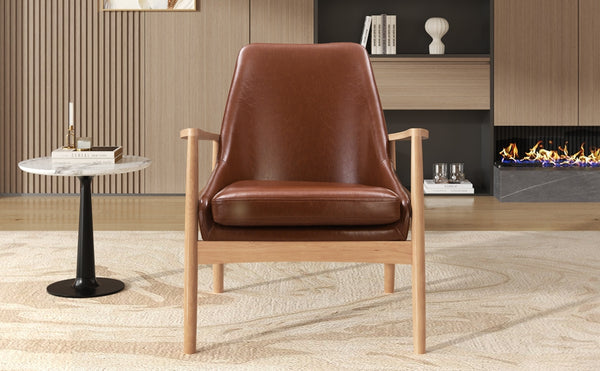 English Elm U-Can Mid-Century PU Leather Accent Chair with Solid Wood Frame, High Back Comfort & Durable Style N724P256555D