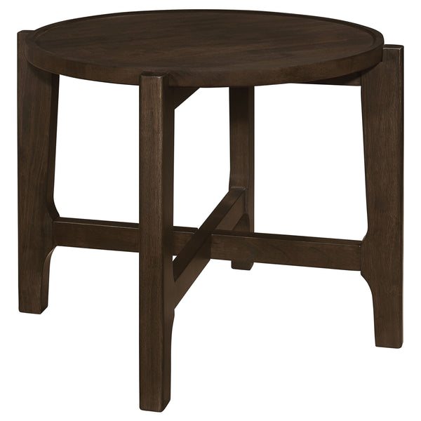 English Elm Mavis Dark Brown Round Solid Wood End Table with Recessed Edge and Cross Beam Legs, 26.25" Wide B062P299904