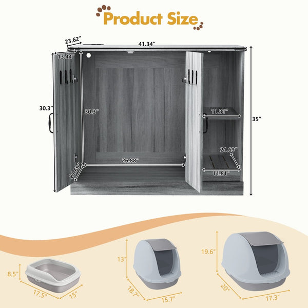 English Elm Cat Litter Box Cabinet Gray Mdf with Built-in Power Outlet and Geometric Door Design N704P414606E