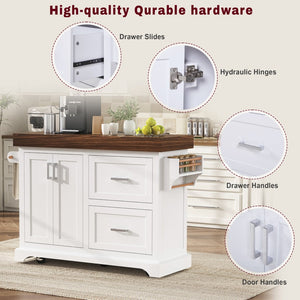 English Elm K&k Rolling Kitchen Island with Walnut Grain Countertop Drawers and Spice Rack White N707S000025W