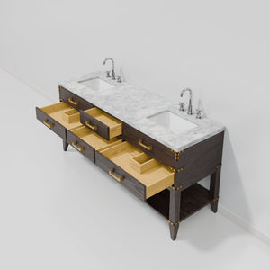 English Elm Brown Oak Double Vanity 72" W X 22" D With Carrara Marble Top & Chrome Faucet - Luxurious Storage! B2731P260294