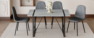 English Elm Table Set: Minimalist Retro Dining Table With Textured Top & 4 Soft Chairs, Black Metal Legs W1151S03836-GIGA