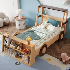 English Elm Twin Pine Treehouse Floor Bed with Padded Rails and Cabin Roofline for Kids W1580S00472