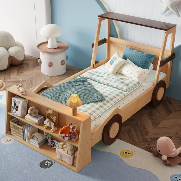 English Elm Twin Pine Treehouse Floor Bed with Padded Rails and Cabin Roofline for Kids W1580S00472