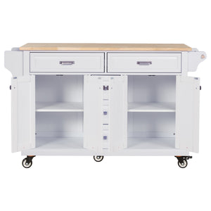 English Elm Kitchen Island durable rubberwood countertop kitchen cart on casters with towel rack, spice shelf, 5 drawers and adjustable shelving for organized meal prep and mobility White W914S00002