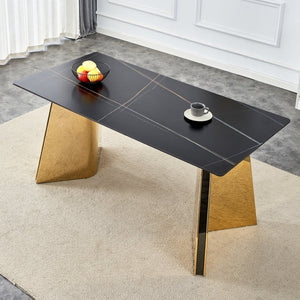 English Elm 63"x31.5x30" Marble Slab Rectangular Dining Table with Sculptural Butterfly Stainless Legs Black,Gold W1151S04617