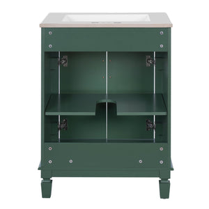 English Elm 24'' Bathroom Vanity with Sink - Solid Wood Frame, Glossy Ceramic Basin, Soft-Close Doors & Ample Storage Elegant Modern Design, Durable MDF Construction, Retro Metal Handles, Compact 24-inch Cabinet Green N710P317675F