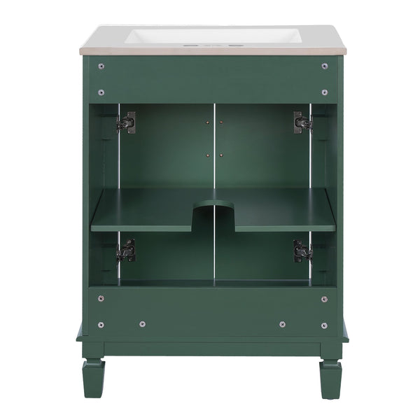 English Elm 24'' Bathroom Vanity with Sink - Solid Wood Frame, Glossy Ceramic Basin, Soft-Close Doors & Ample Storage Elegant Modern Design, Durable MDF Construction, Retro Metal Handles, Compact 24-inch Cabinet Green N710P317675F