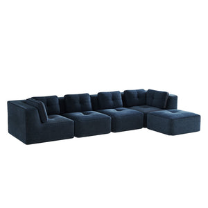 English Elm Modern Corduroy Sectional Sofa with Tufted Cushions Deep Seat and Movable Ottoman Blue W714S01805