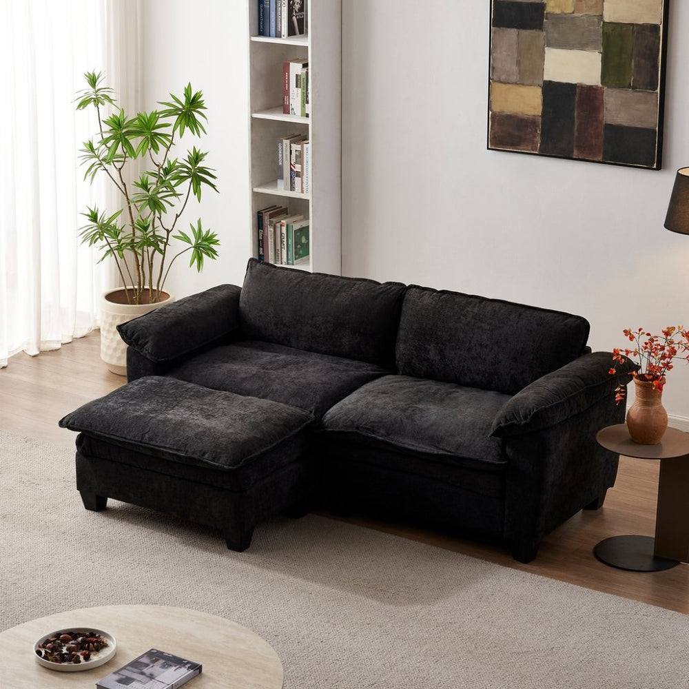 English Elm Living Room Chenille Loveseat with Detachable Ottoman Pocket Coil Cushions Cozy Sectional Black W1097S00239