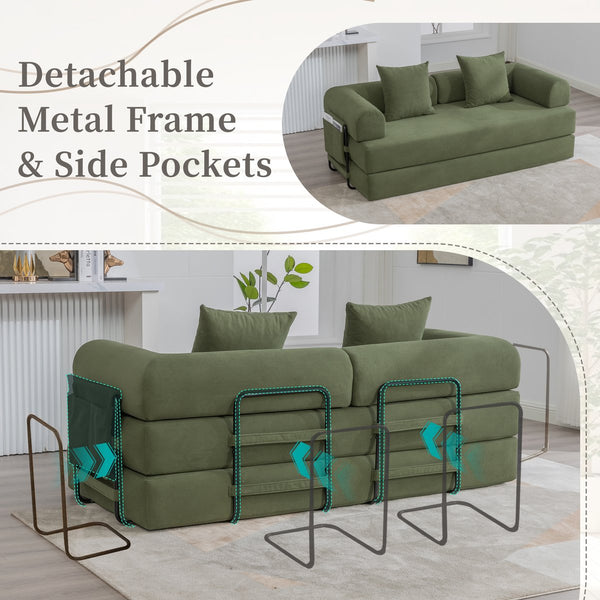 English Elm UNITED modular foldable sofa with metal frame, corduroy upholstery, side pocket & quick assembly convenience Green W1568P374077