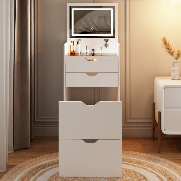 English Elm Dressing Table Set with Led Lit Flip Mirror Hidden Stool and Dual Drawers for Small Spaces W5252P447369