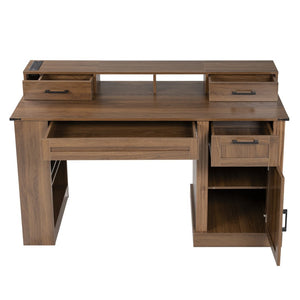 English Elm 55" Farmhouse Writing Desk with Cabinet Charging Station Pegboard and Monitor Stand Dark Walnut W2917S00009