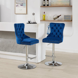 English Elm Thick Velvet Swivel Barstools Adjustable 25-33" Height with 17.7" Chrome Base, Tufted Diamond Pleat Elegance Blue W1143P335044