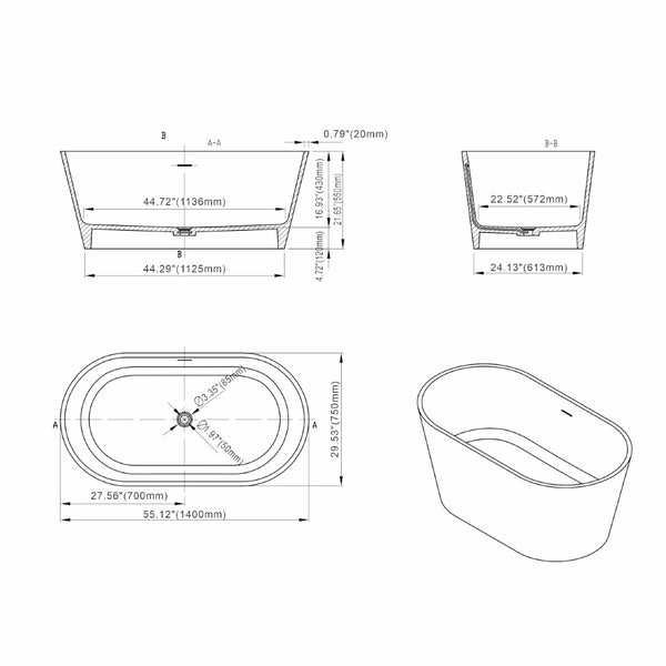 English Elm 55 Inch Stone Resin Freestanding Soaking Tub Matte White Spa Bathtub for Small Bath W1613P506720