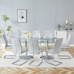 English Elm Table and Chair Set Tempered Glass Top Seats Eight with Pu Leather Dining Chairs Light Gray,Silver,Transparent W1151S04553