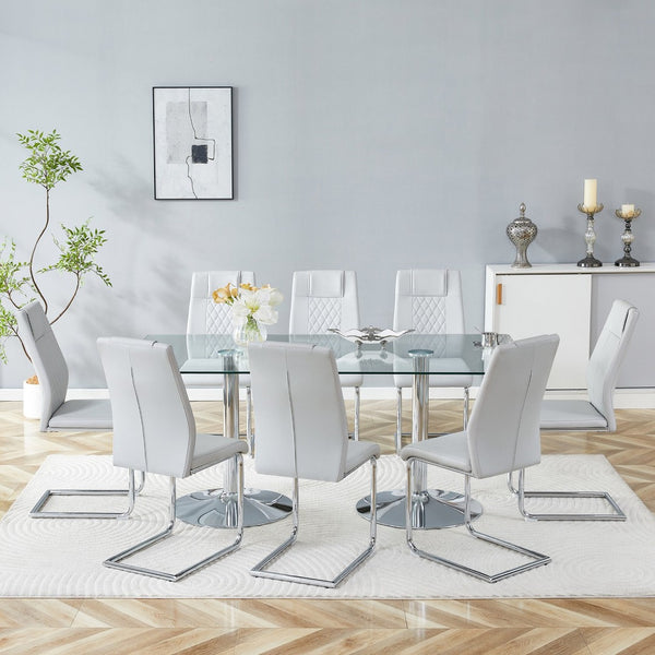 English Elm Table and Chair Set Tempered Glass Top Seats Eight with Pu Leather Dining Chairs Light Gray,Silver,Transparent W1151S04553