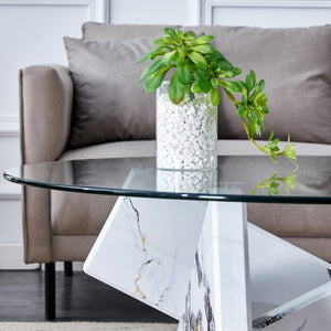 English Elm Round glass coffee table with 33.4" tempered top, white patterned MDF legs, sturdy 130lb capacity modern centerpiece W1512P395025