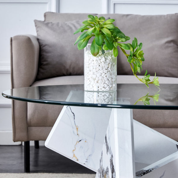 English Elm Round glass coffee table with 33.4" tempered top, white patterned MDF legs, sturdy 130lb capacity modern centerpiece W1512P395025