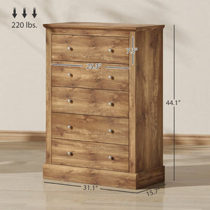 English Elm Dresser Farmhouse Five Drawer Chest Warm Brown Rustic Storage for Bedroom or Entryway T3971P431327