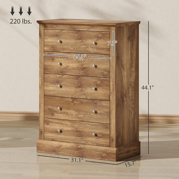 English Elm Dresser Farmhouse Five Drawer Chest Warm Brown Rustic Storage for Bedroom or Entryway T3971P431327