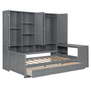 English Elm Twin Size Wooden Daybed With Integrated Desk, Storage Drawers, And Shelves - Stylish Gray Design! N820S00054E-GIGA