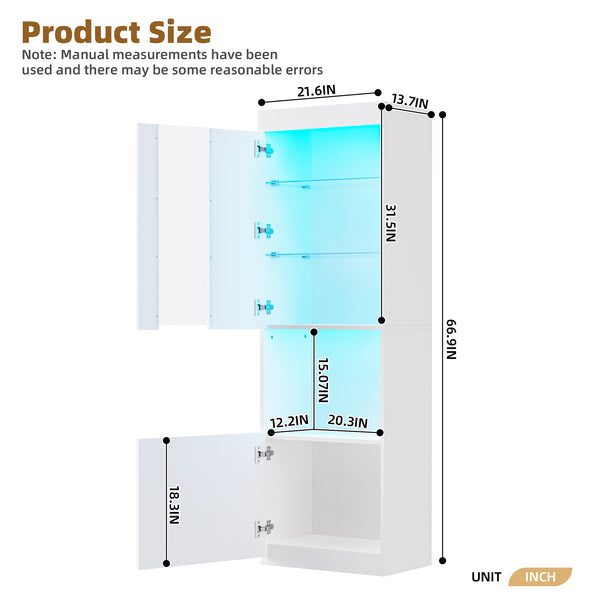English Elm ON-TREND High Gloss LED Storage Cabinet with Acrylic Door, Tempered Glass Shelves & Anti-Tip Safety White N721P192842K