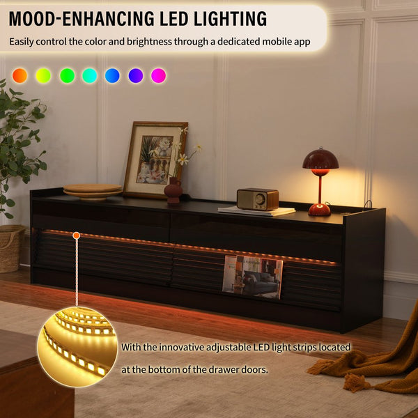 English Elm Christopher Knight Home® - Mirod Modern TV Stand with 4 Drawers, Tempered Glass Top, Built-In Charging Ports & LED Lighting Black N760P255436B