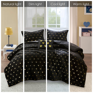 JLA Home Mi Zone - Metallic Plush Comforter Set with Shimmering Heart Print, Hypoallergenic Fill, OEKO-TEX Certified Washable Black/Gold MZ10-0652