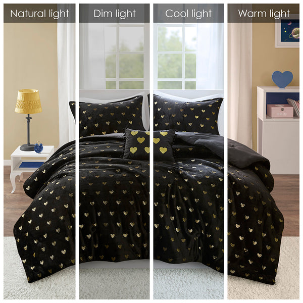 JLA Home Mi Zone - Metallic Plush Comforter Set with Shimmering Heart Print, Hypoallergenic Fill, OEKO-TEX Certified Washable Black/Gold MZ10-0652