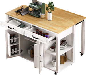 English Elm K&K 47 Inch Kitchen Island with Extendable Dining Table, Rolling Storage Cabinet, Built-In Power White N707P215327W