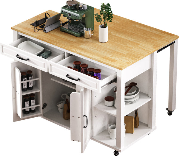 English Elm K&K 47 Inch Kitchen Island with Extendable Dining Table, Rolling Storage Cabinet, Built-In Power White N707P215327W