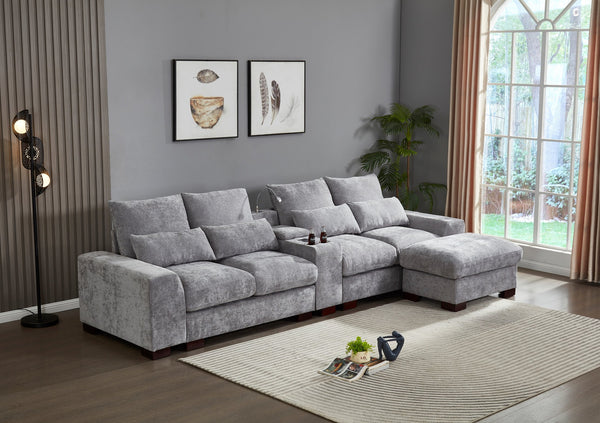 English Elm Modern Sectional Sofa with Console USB Charging and Reading Light, Velvet Microfiber, Solid Wood Frame Light Gray B205S00084