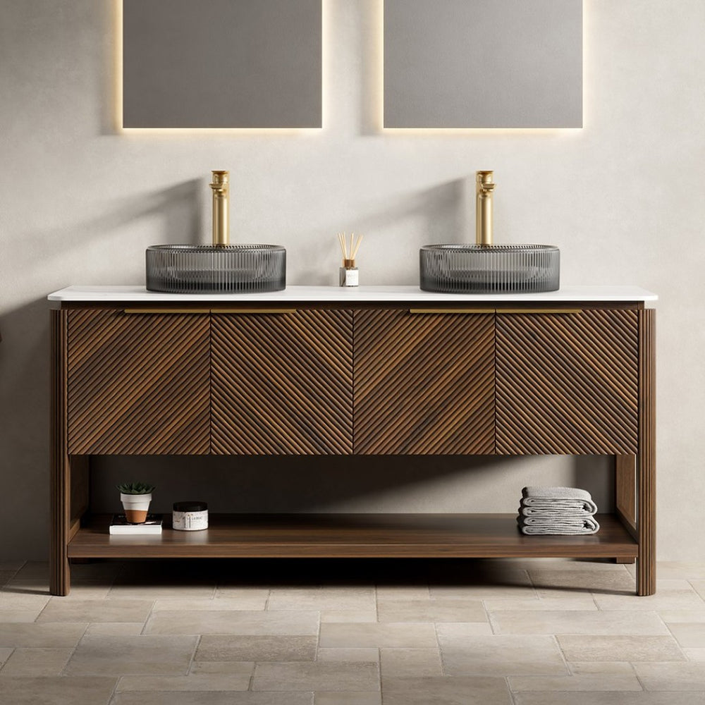 English Elm Dina 60 Inch Floating Bathroom Vanity Sintered Stone Top Dual Glass Basins Wood Grain W2615S00732