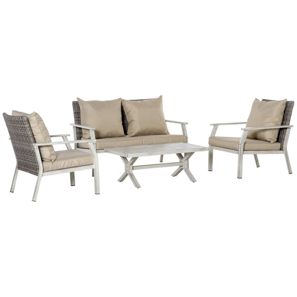 English Elm Beige Outdoor Pe Wicker 4 Piece Conversation Set with Cushions and Coffee Table T3971S00047