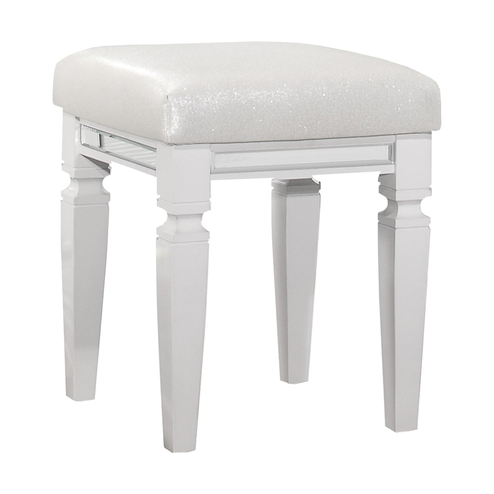 English Elm Modern Glam Vanity Stool Mirrored Frame Faux Leather White Seat Metallic Trim Stylish Bedroom Accent, 15.75x15.75x19.5" B011P365574