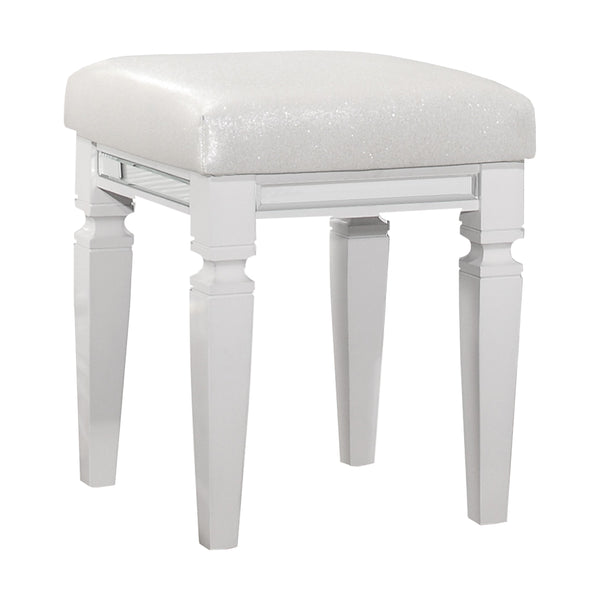 English Elm Modern Glam Vanity Stool Mirrored Frame Faux Leather White Seat Metallic Trim Stylish Bedroom Accent, 15.75x15.75x19.5" B011P365574