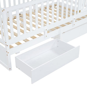 English Elm Twin Pinewood Daybed with Fence Guardrails Two Storage Drawers and Split Floor Bed White LP200881AAK